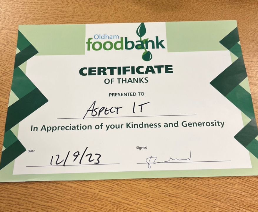 oldham foodbank certificate for aspect it